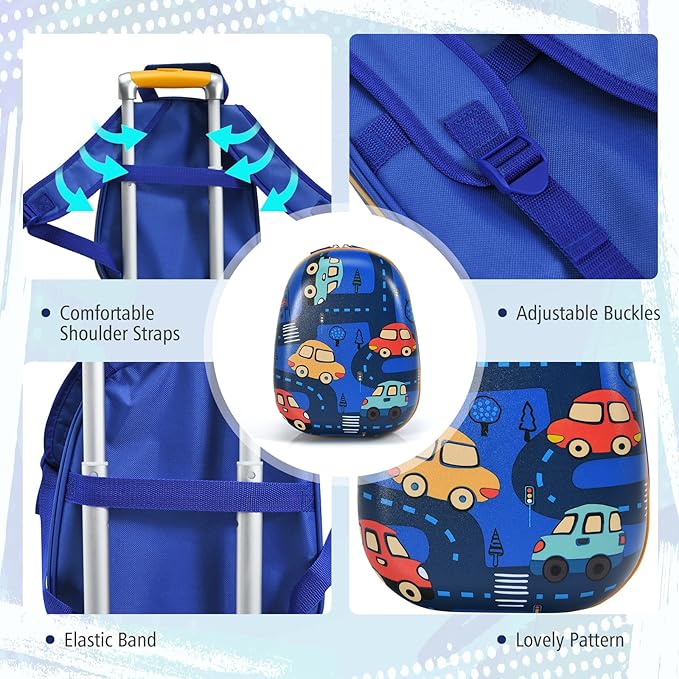 BABY JOY 2 PC Kids Carry On Luggage Set, 12” Backpack & 18” Toddler Suitcase, Hard Shell Travelling Case & Backpack w/ 4 Rotating Casters, Cute Rolling Trolley Case for Boys & Girls (Car)