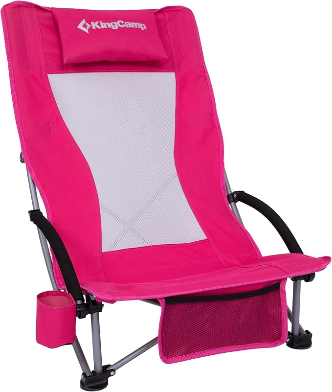 KingCamp Low Beach Chair, High Back Folding Camping Chair for Adults, Oversized Breathable Mesh Seat, 300lbs Heavy Duty Portable Chair with Cup Holder & Storage Pockets for Beach, Outdoor