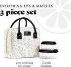 Fit & Fresh Bloomington Lunch Bag for Women - Insulated Large Lunch Box for Work with Containers, Leak-Resistant, Stain-Resistant, Zipper Closure, Black and White Sketched Bows