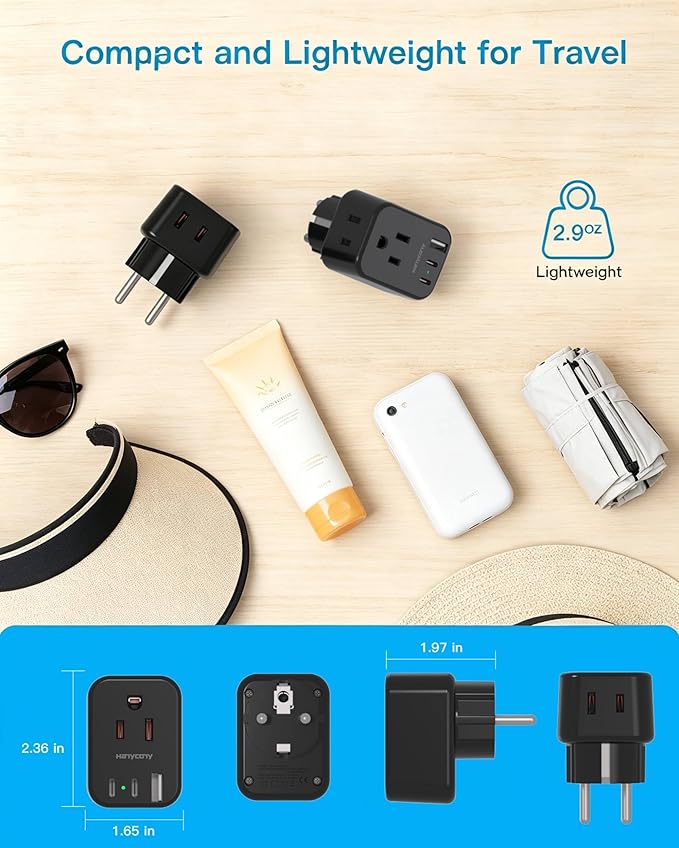 Type E/F Europe Travel Plug Adapter, HANYCONY US to Germany France Spain South Korea Iceland, 5-in-1 European Power Adapter for Greece Norway Russia Portugal & More, 2 Outlets 3 USB Ports(2 USB C)