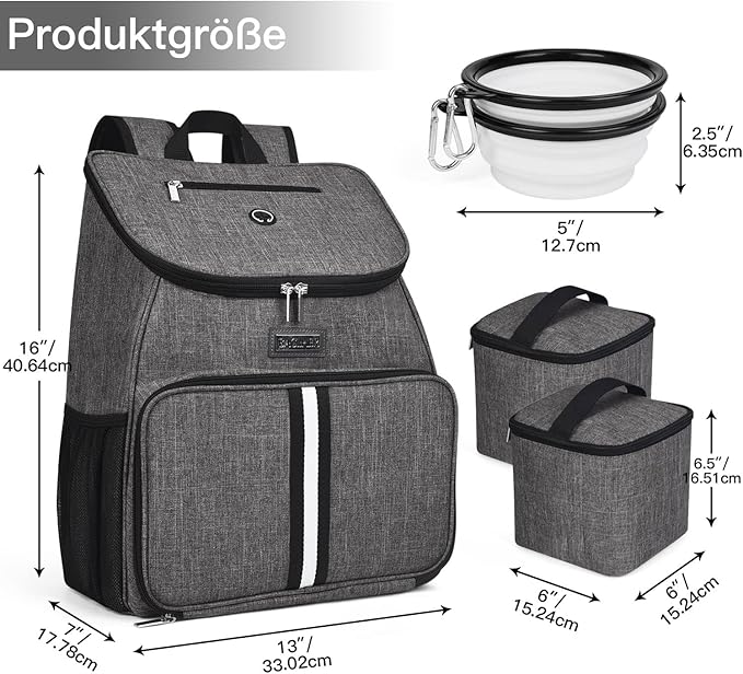 BAGLHER丨Dog Travel Bag, Airline Approved Pet Supplies Backpack, Dog Travel Backpack Accessories Set with 2 Silicone Collapsible Bowls and 2 Food Baskets, Gray