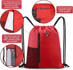 BeeGreen Red Lightweight Drawstring Backpack For Women W Water Bottle Pocket &Front Zippered Pocket Large Sports String Sackpack For Traveling Yoga Beach Outdoor Gym