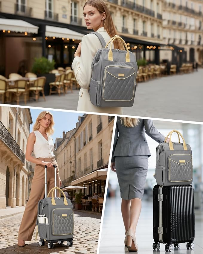 Ytonet Rolling Backpack for Women, 15.6 In Rolling Travel Backpack with 4 Spinner Wheels, Carry On Wheeled Backpack with Detachable Trolley, Water-Resistant Roller Bag for College Business Work, Grey