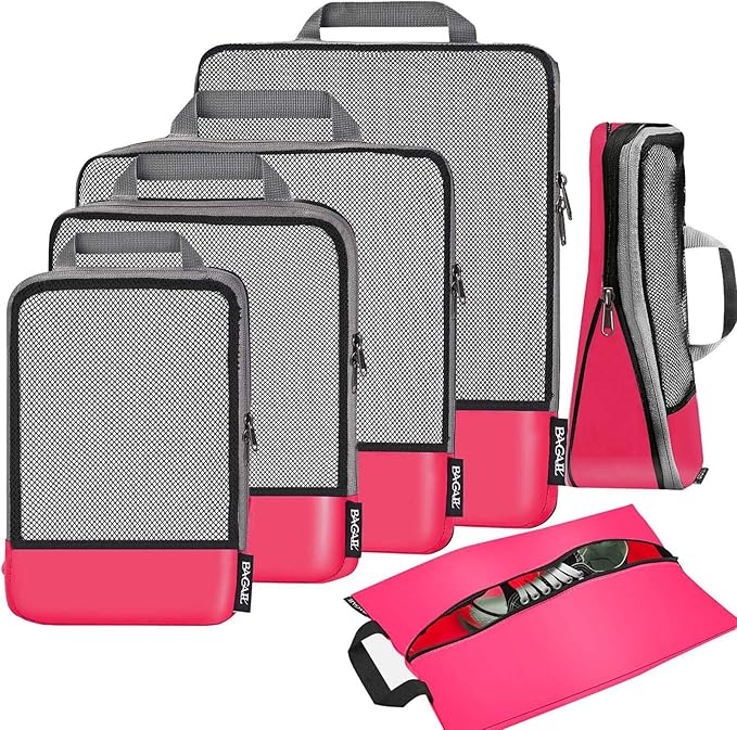 BAGAIL 4 Set/6 Set/8 Set Compression Packing Cubes Travel Accessories Expandable Packing Organizers (Half Mesh, 6-Fuchsia)