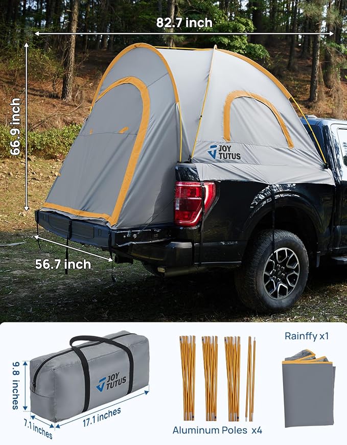 JOYTUTUS Pickup Truck Tent 5ft 2.0, Waterproof PU2000mm Double Layer for 2 Person, Portable Truck Bed Tent with Rainfly - Orange, Aluminum Pole
