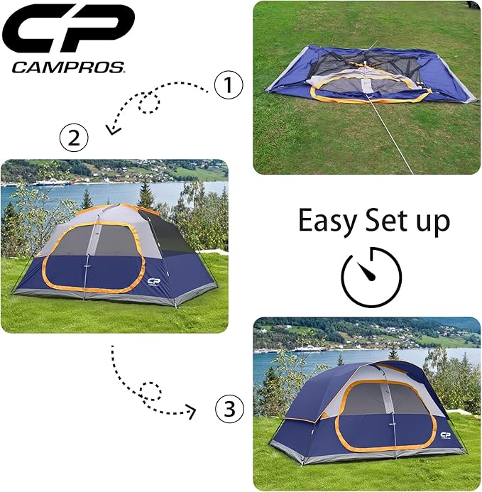 CAMPROS CP Upgraded 6/8 Person Camping Tents, Waterproof Windproof Family Tent with Larger Mesh Windows & Door, Double Layer, Easy Set Up, All-Season Dome Tent with Top Rainfly & Carry Bag