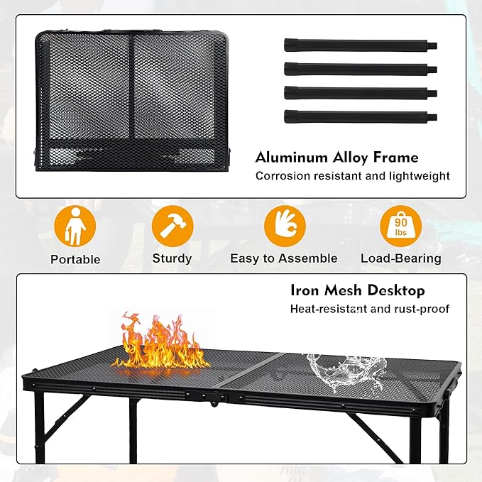 GREGIN Camping Table with Mesh Desktop, Lightweight & Portable Folding Grill Table, Height Adjustable Metal Outdoor Table for Camp, Cooking, BBQ, RV, Picnic-3 FT Black