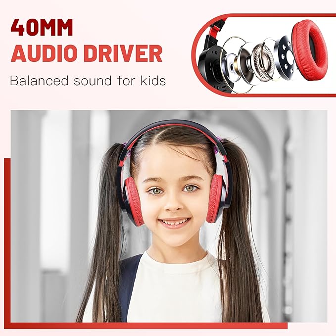 rockpapa Comfort Kids Headphones for School, Lightweight Foldable Portable Childs Boys Girls Teens Headphones Wired 3.5mm with 4.9ft Cord for Travel Airplane Tablet Phone Pad Laptop Black/Red