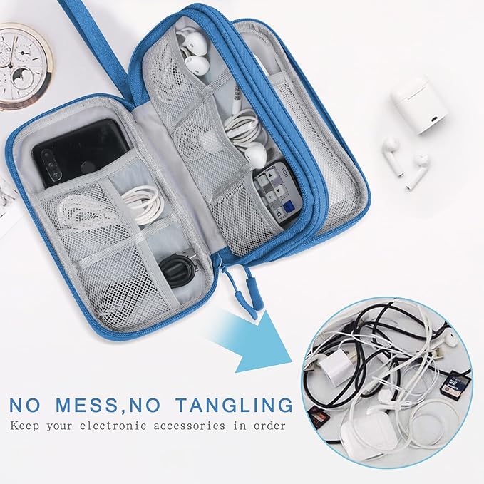Skycase Electronic Organizer Travel Case - Waterproof Travel Cord Pouches for Organization, Cable Organizer, All-in-One Double Layers Storage Bag for Accessories, Charger, Cable, Blue - Large