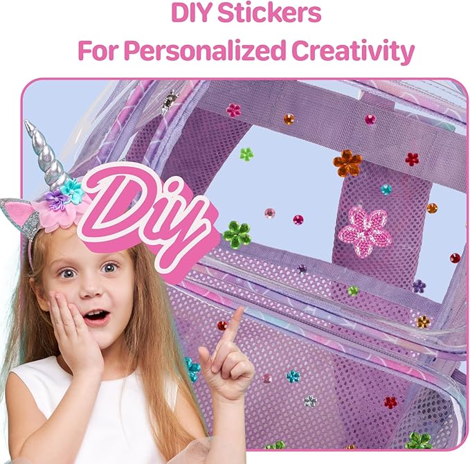 Bagseri 2pcs Clear Backpack for Girls - 15 Inch School Bag with Matching Pencil Case, Heavy Duty Transparent Bookbag for Kindergarten to Grade 2, Fits Folders, Purple Mermaid