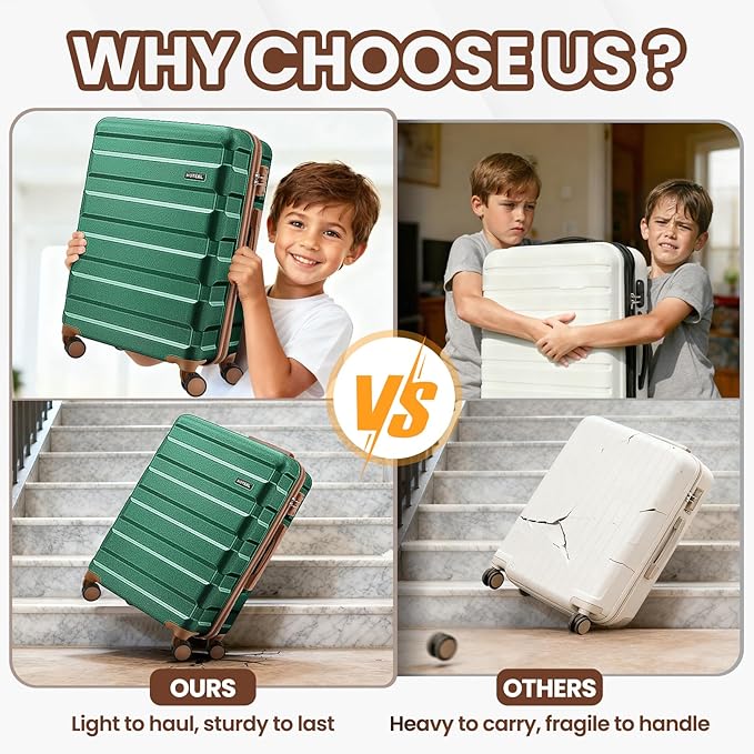 Hoteel Luggage Sets 3 Piece, 4-Year Warranty, Carry-On Luggage with Dual-Spinner Wheels, ABS Hard Shell Suitcase with TSA Locks, 20 Inch Lightweight Luggages for Travel, Green(20IN/DB/TB)