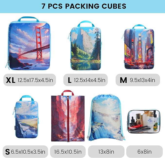 PFEYRPK Lightweight Compression Packing Cubes for Suitcases, Compressible Expandable Travel Packing Organizer with Clear Toiletries and Backpack Bag, Travel Essentials for Carry on Luggage 7 Set