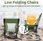 HaSteeL Folding Beach Chair Set of 2, Foldable Green Camping Chairs for Outside, Low Beach Chair Portable for Adults Fishing, Picnic, Outdoor BBQ, Travel, Sports, Cup Holder & Storage Bag