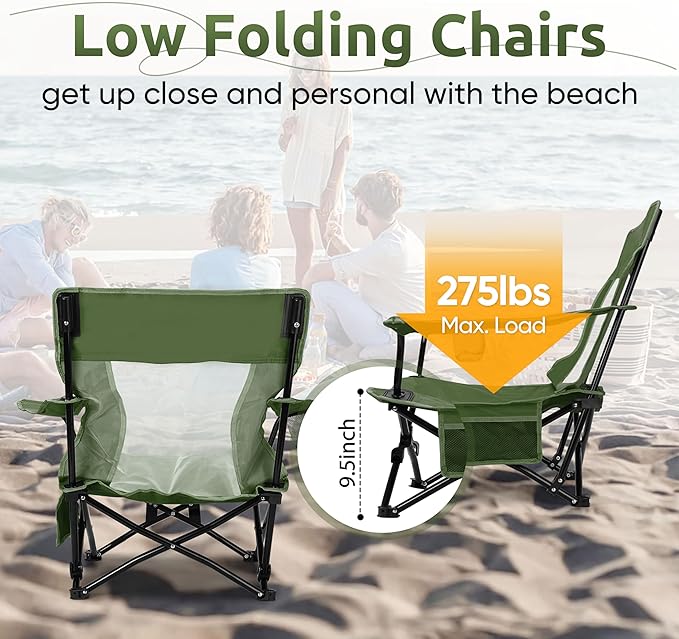 HaSteeL Folding Beach Chair Set of 2, Foldable Green Camping Chairs for Outside, Low Beach Chair Portable for Adults Fishing, Picnic, Outdoor BBQ, Travel, Sports, Cup Holder & Storage Bag