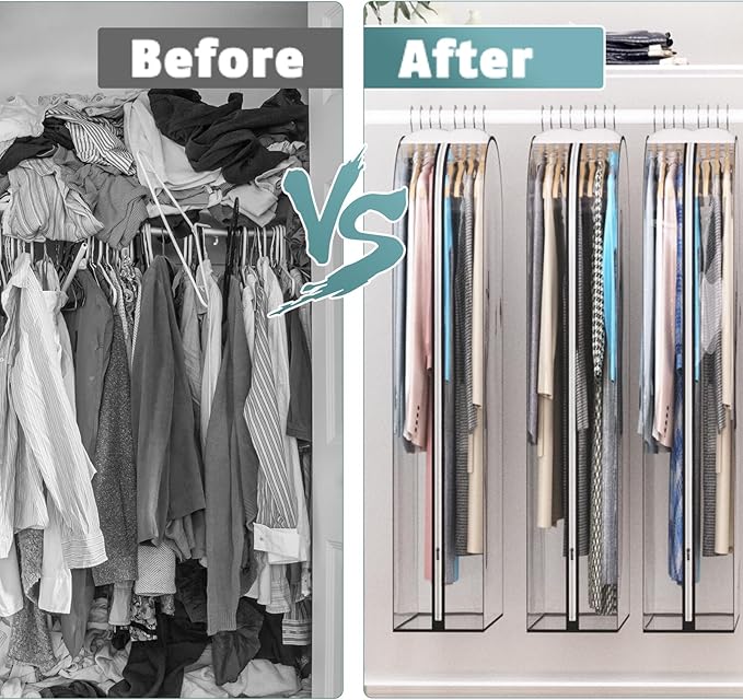 Liuoud Clear Garment Bag for Hanging Clothes 10” Gusseted, 60” Suit Bags for Open Closet Storage Plastic Clothes Cover for Coat, Dress, Shirts, Fur, Jacket, Wardrobe Protectors, 4 Pack