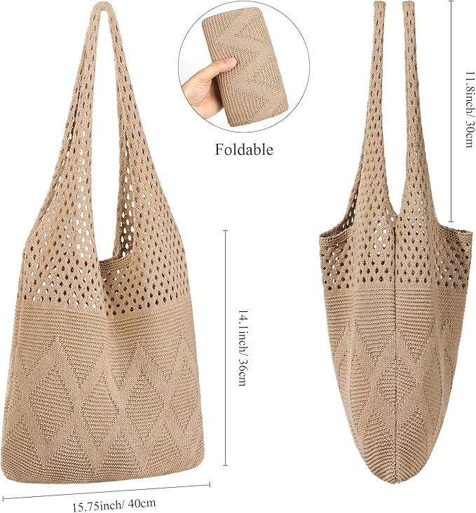WantGor Crochet Bags, Beach Mesh Tote Bag Womens Shoulder Shopping Handbag Casual Travel Totes Bag Foldable Hobo Bags