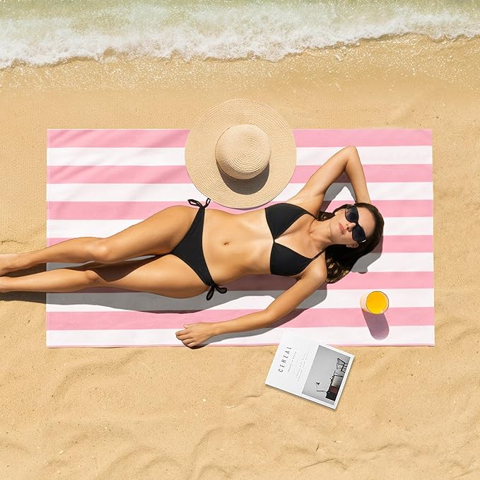 Touchat 4 Pack Beach Towels Cabana Stripe 280GSM Polyester Lightweight Quick-Dry Swim Pool Towel, 30'' x 60'' Oversized Compact Travel Bath Towel, Camping | Ultra-Portable, Multi-Functional, Pink