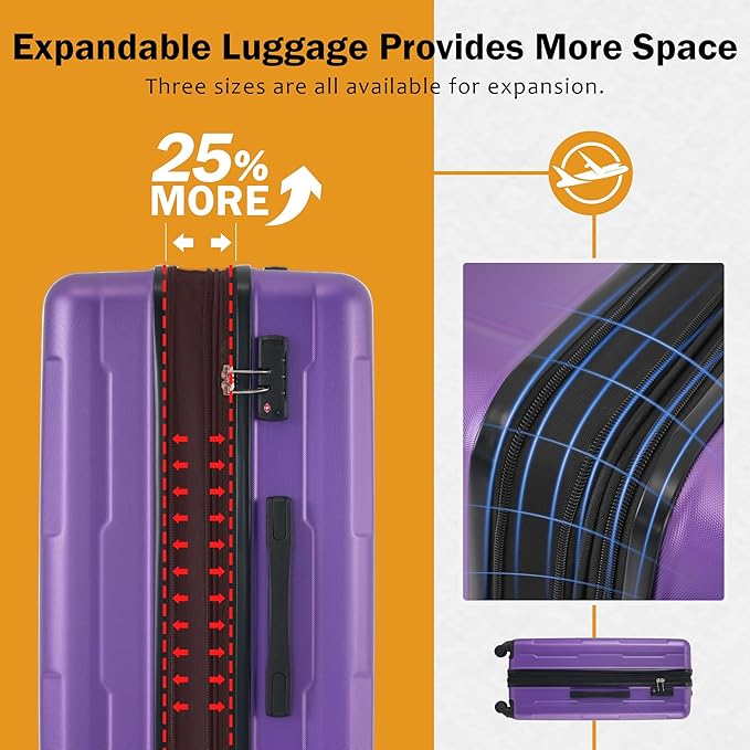 2 Piece Luggage Sets with Bags, Lightweight ExpanableCarry on Luggage Sets, Hardshell ABS Spinner Wheels Suitcase with TSALock,for Women Men, 20 IN & 24 IN, Purple