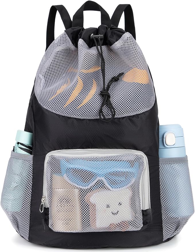 Swim Bag for Kids Mesh Beach Backpack for Boys Lightweight Drawstring Beach Bag Swimming Pool Sports Gym String Bag (Black)