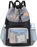 Swim Bag for Kids Mesh Beach Backpack for Boys Lightweight Drawstring Beach Bag Swimming Pool Sports Gym String Bag (Black)