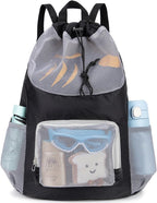 Swim Bag for Kids Mesh Beach Backpack for Boys Lightweight Drawstring Beach Bag Swimming Pool Sports Gym String Bag (Black)