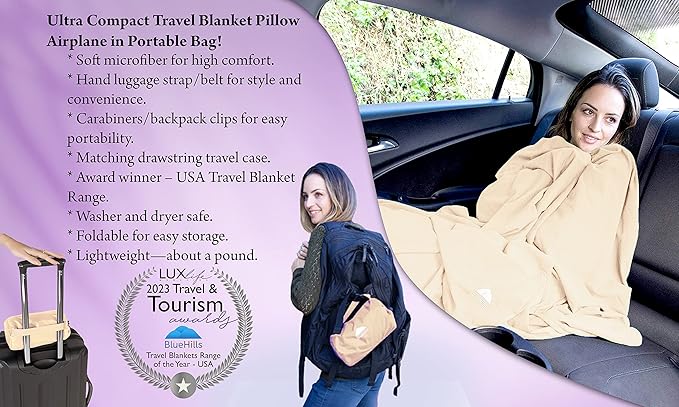 BlueHills Ultra Compact and Compact Light Travel Blankets for Two Value Pack Set of 2 – Airplane Travel Essentials Soft Flight Trips Throw in Portable Cases for Car Plane Travel Gifts – Beige