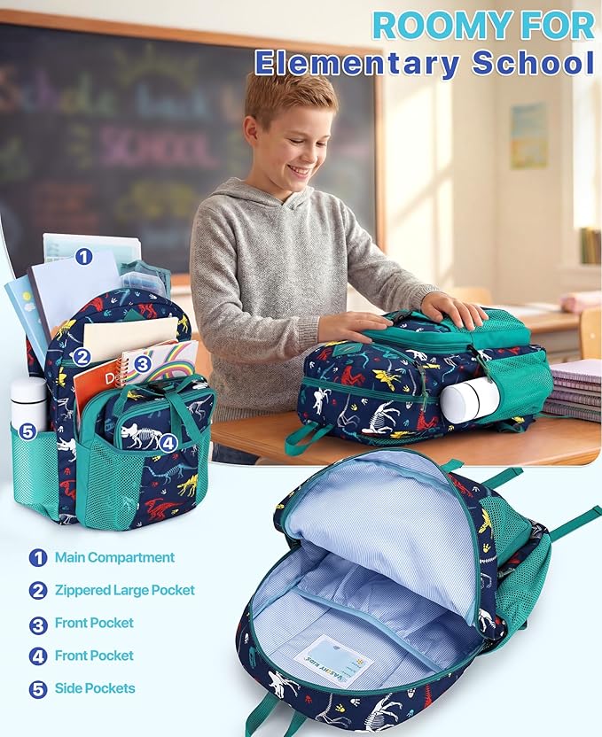VASCHY Boy Kids Backpack & Lunch Bag Set, 2-in-1 School Bookbag with Insulated Lunch Box for Preschool, Daycare, Kindergarten & Elementary School – Navy Dinosaurs