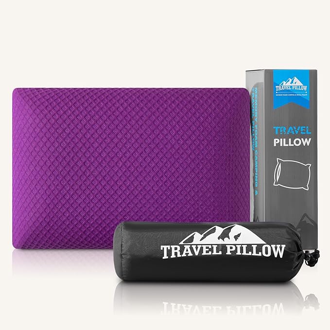 Travel Pillow Memory Foam Pillows, Camping Pillow-Compressible Medium Firm, Breathable Cover, Ideal Backpacking Hiking, Bed Pillows, Airplane and Car (Purple, S)