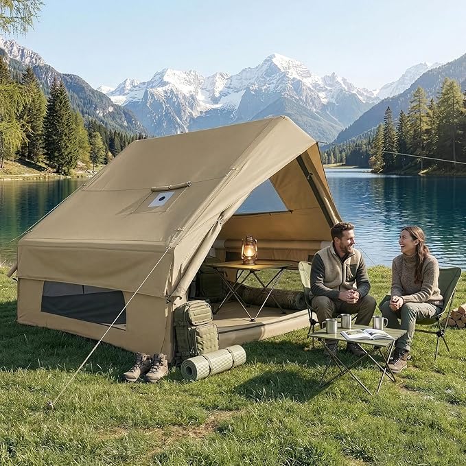 VINGLI Inflatable Camping Tent, All-Weather Inflatable Hot Tents with Stove Jack, Blow Up Tent for Camping with Mesh Doors & Windows, Inflatable Air Tents for Camping Adult