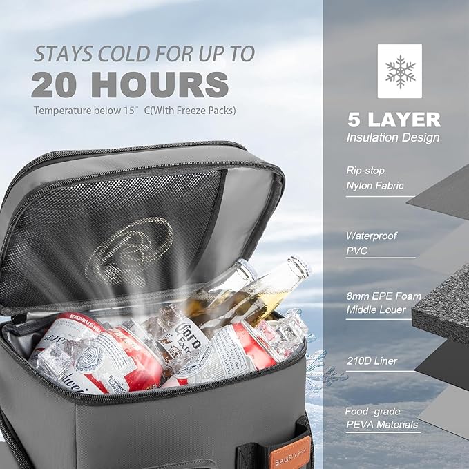 BAGPARKK Insulated Cooler Backpack,33/45 Cans Multifunctional Double Deck Leakproof Cooler Bag with Sternum Strap,Large Capacity Lightweight Travel Camping Beach Backpack