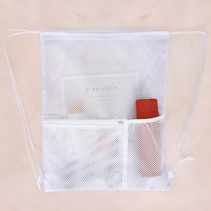 NATURAL STYLE 2 PACK Mesh Drawstring Backpack Bag, Multifunction Mesh Bag for Swimming, Athletic Gym, Clothes, Beach, Swim (White)