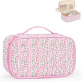 Relavel Cute Makeup Bag for Girls, Portable Pink Cosmetic Bag, Dual-layer Makeup Pouch with Brush Holder, Multi-Functional Preppy Toiletry Organizer for Travel, Daily Use - Pink Flower
