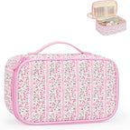 Relavel Cute Makeup Bag for Girls, Portable Pink Cosmetic Bag, Dual-layer Makeup Pouch with Brush Holder, Multi-Functional Preppy Toiletry Organizer for Travel, Daily Use - Pink Flower