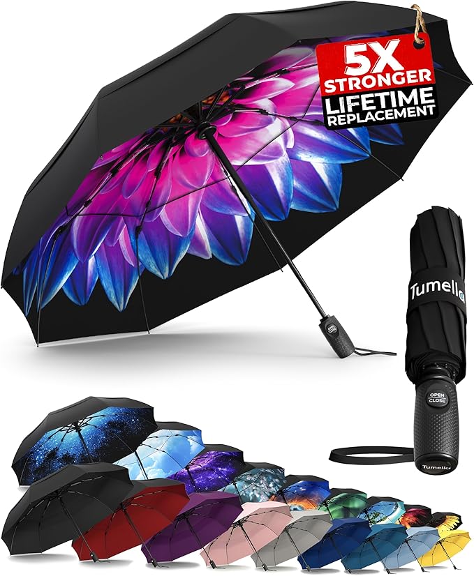 TUMELLA Strongest Windproof Travel Umbrella (Compact, Superior & Beautiful), Small, Wind-Tested, Light & Portable, Automatic Folding Rain Umbrella, Durable Premium Grip, Fits Car and Backpack
