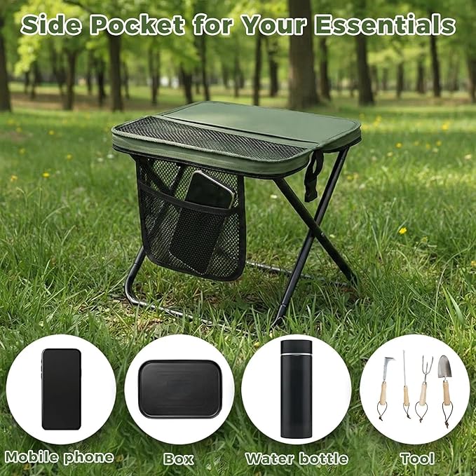 16" Portable Collapsible Stool - Folding Chair with Storage Pouch, Convertible Satchel for Hands-Free Carry & Supports 300Lbs, Ultralight for Hiking, Fishing, Camping, Festivals (Green, Large)