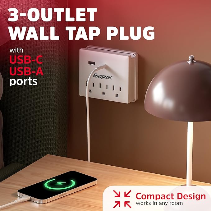 Energizer Multi Plug Wall Outlet Extender (3 AC Power Outlets, 1 Type C Port, 1 USB A Port - 2.1A Total) Grounded Power Strip Expander