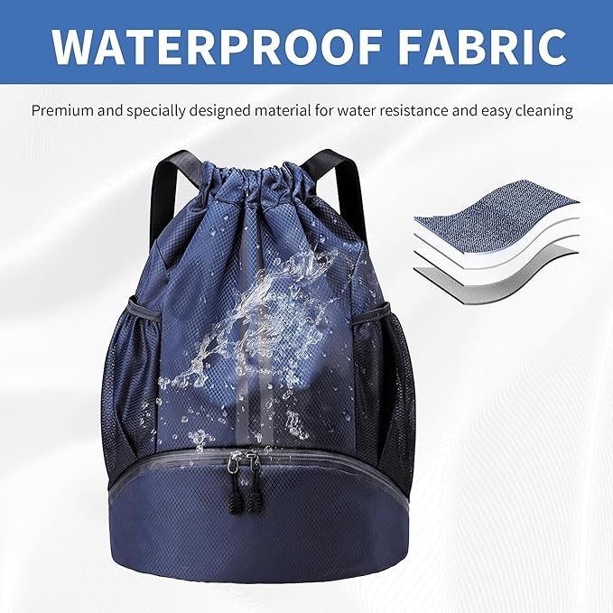 JELUTAR Drawstring Backpack Gym Bag with Shoes Compartment for Soccer, Basketball, Swim, Water-Resistant String Backpack Beach Cinch for Women Men, Navy Blue