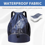 JELUTAR Drawstring Backpack Gym Bag with Shoes Compartment for Soccer, Basketball, Swim, Water-Resistant String Backpack Beach Cinch for Women Men, Navy Blue
