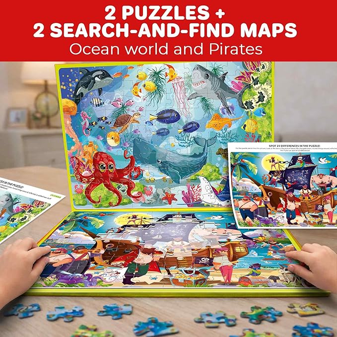 QUOKKA Magnetic Puzzles for Kids Ages 4-6 – 100 PCS Magnetic Puzzle Book for Toddlers 3-5 – 2 Puzzles & 2 Spot The Difference Maps – Search & Find Travel Games – Activity Book Toy Ocean & Pirates