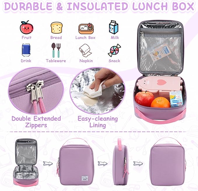 VASCHY Kids Backpack Lunch Bag Set, 2-1 School Bookbag Insulated Lunch Box for Toddlers,Preschool,Daycare,Kindergarten,Elementary School Pink
