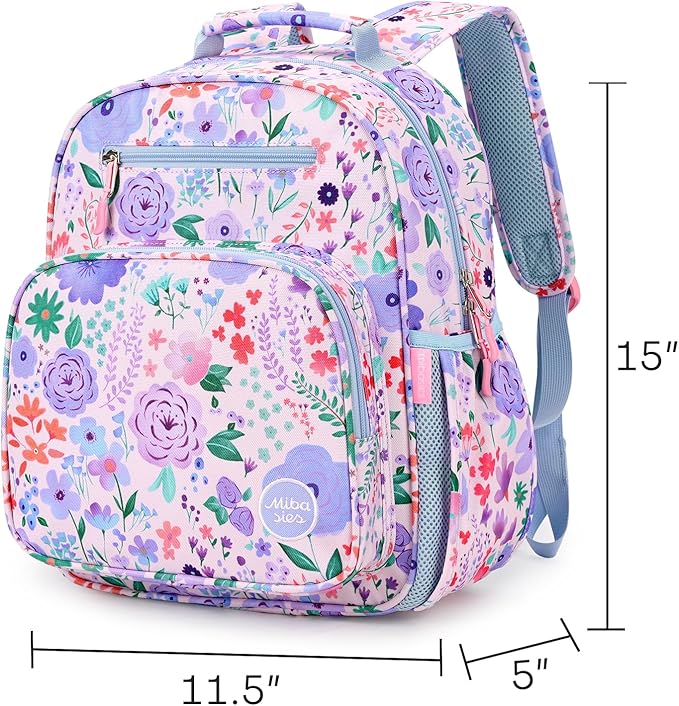 mibasies Kids Backpack for Girls: Girls Backpack 5-8 - Kindergarten Elementary School Bookbag for Girl - Flower Pinkish Blue