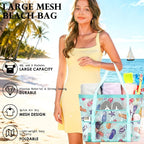 Fammart Mesh Beach Bag, Large Beach Tote with Zipper Pocket, Toys Pool Bag for Family Travel Vacation Cruise Essentials