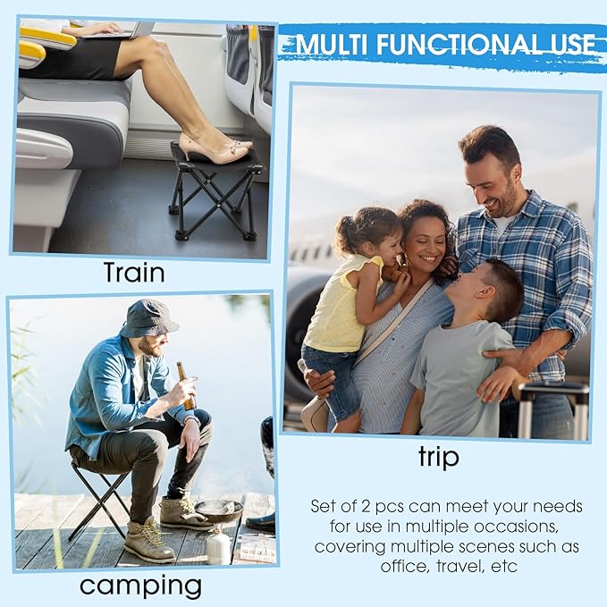 Ripeng 2 Pcs Portable Airplane Travel Foot Rest, Folding Camping Stool, Under Desk Foot Rest at Work for Long Flight, Home and Office Outdoor Hiking Fishing with Carry Bag