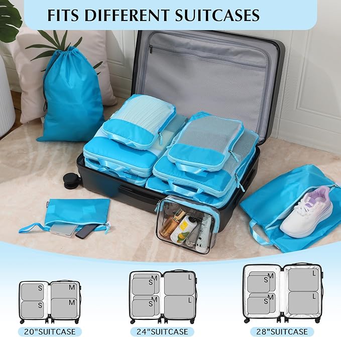 PFEYRPK Lightweight Compression Packing Cubes for Suitcases, Compressible Expandable Travel Packing Organizer with Clear Toiletries and Backpack Bag, Travel Essentials for Carry on Luggage 7 Set