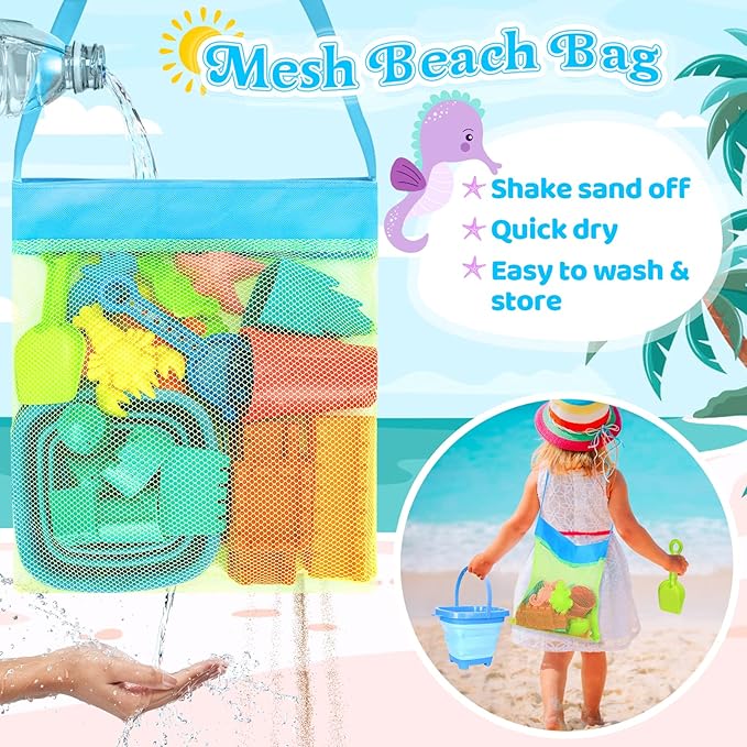 Collapsible Beach Toys for Kids Toddlers, Collapsible Sand Bucket and Shovels Set with Mesh Bag,Travel Sand Castle Building Kit, Sandbox Toys, Foldable Beach Essentials for Toddlers Kids Age 3-10 ﻿