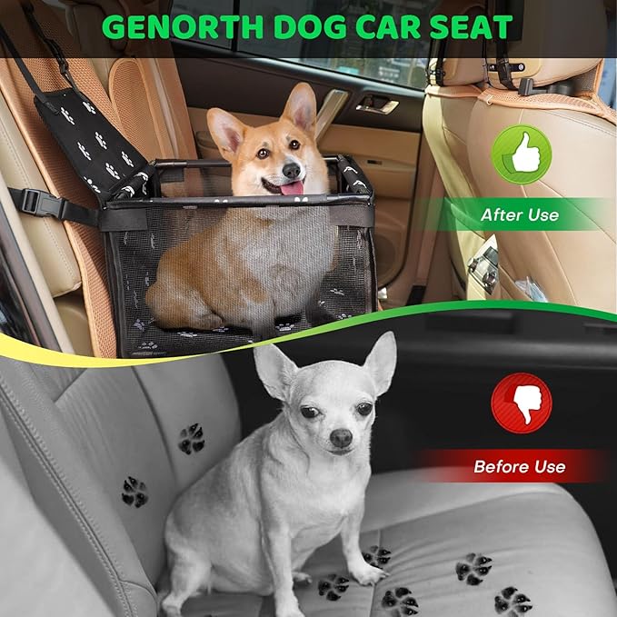GENORTH Dog Car Seats for Small and Medium Dogs,Portable Puppy/Pet Car Booster Seat with Clip-On Leash and Mesh Window for Pet Up to 20 lbs