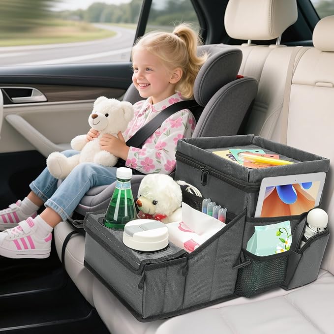Backseat Organizer for Kids & Adults – Car Seat Cooler Warmer with 2-in-1 Writing Tray, Cup Holders & 11 Storage Compartments | Road Trip Car Organizer for Front & Back Seat (Grey)