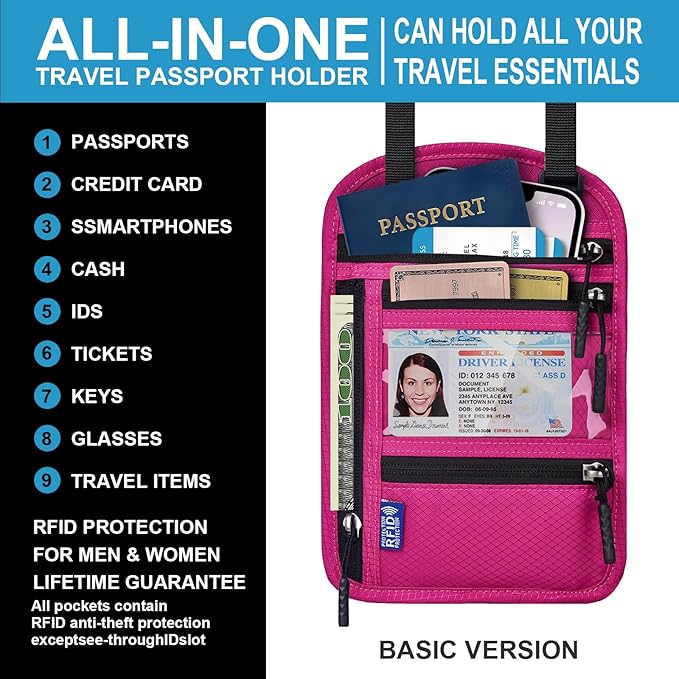Neck Wallet with RFID Blocking - Hidden Travel Passport Holder Pouch | Concealed Under Clothing, Anti-Theft Security | Adjustable & Lightweight for Vacation, Airports