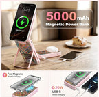 5-in-1 Magnetic Power Bank, 5000mAh Portable Wireless Charger with Mirror, Stand, Bluetooth Remote & Card Holder, MagSafe Compatible Travel Essential for iPhone & Samsung, USB-C Cable Included