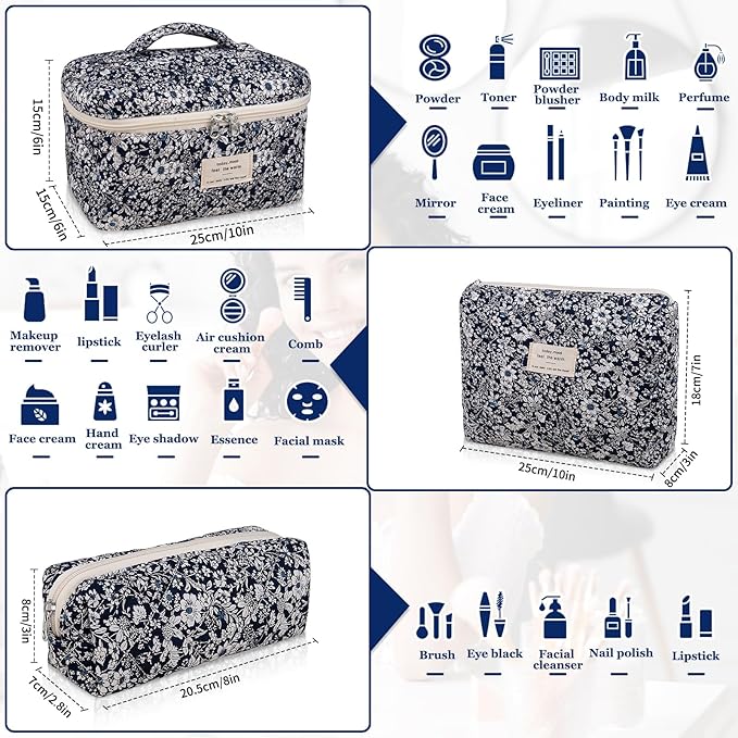 Gosect Makeup Bag Set, Quilted Makeup Bag, Large Floral Cosmetic Bag for Women, Cute Cotton Makeup Bags, Flower Travel Toiletry Organizer Bag (Black Rose Flower)